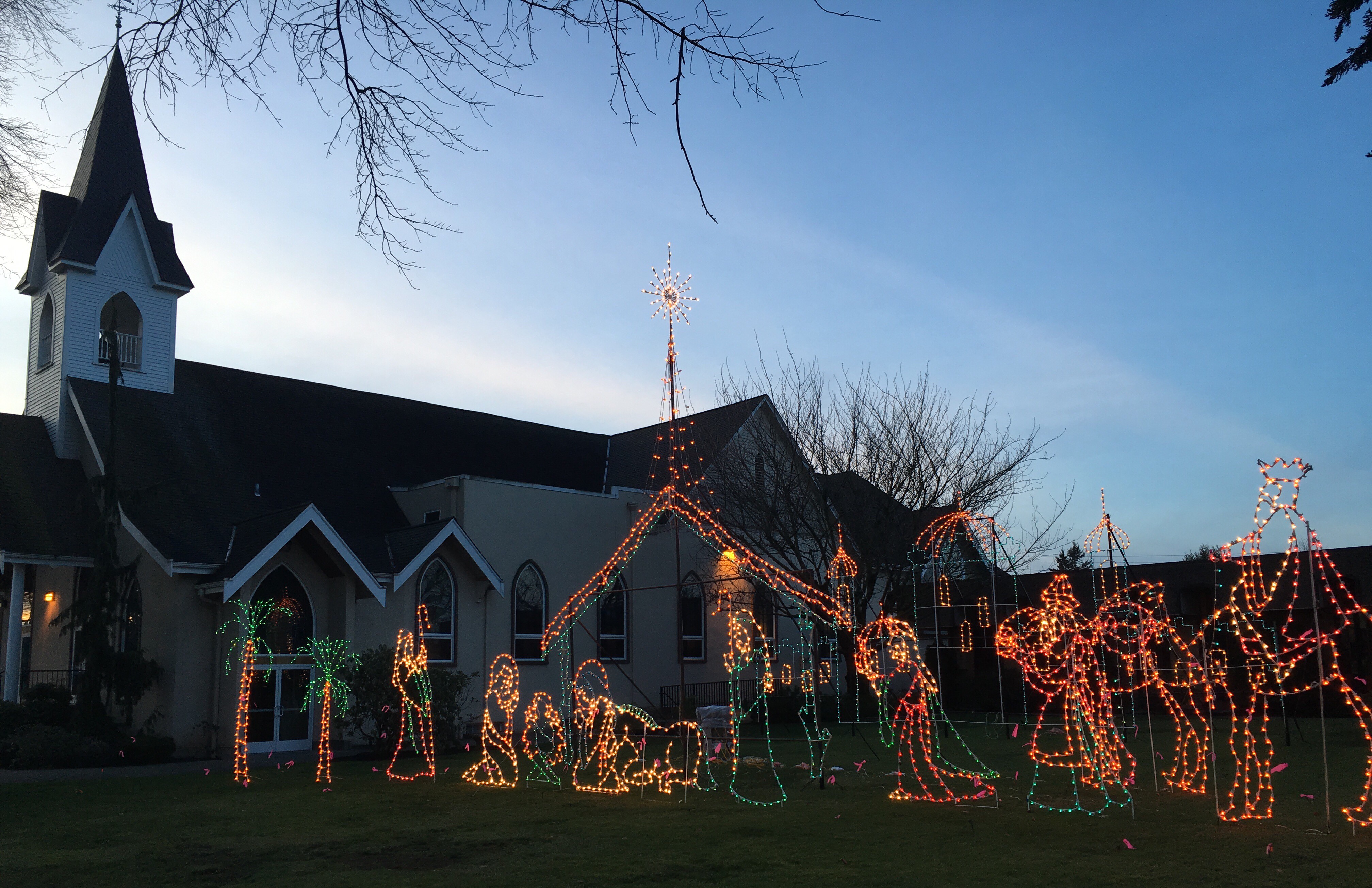 Lighted Nativity Scene at First Christian Reformed Church in Lynden.