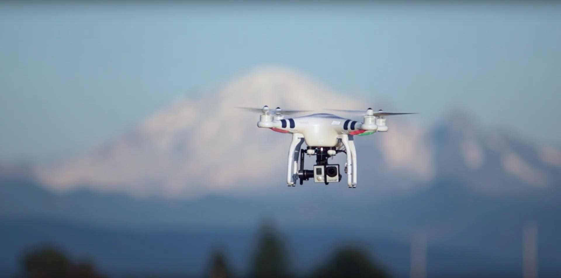 The drone used to film the video, in front of Mt. Baker