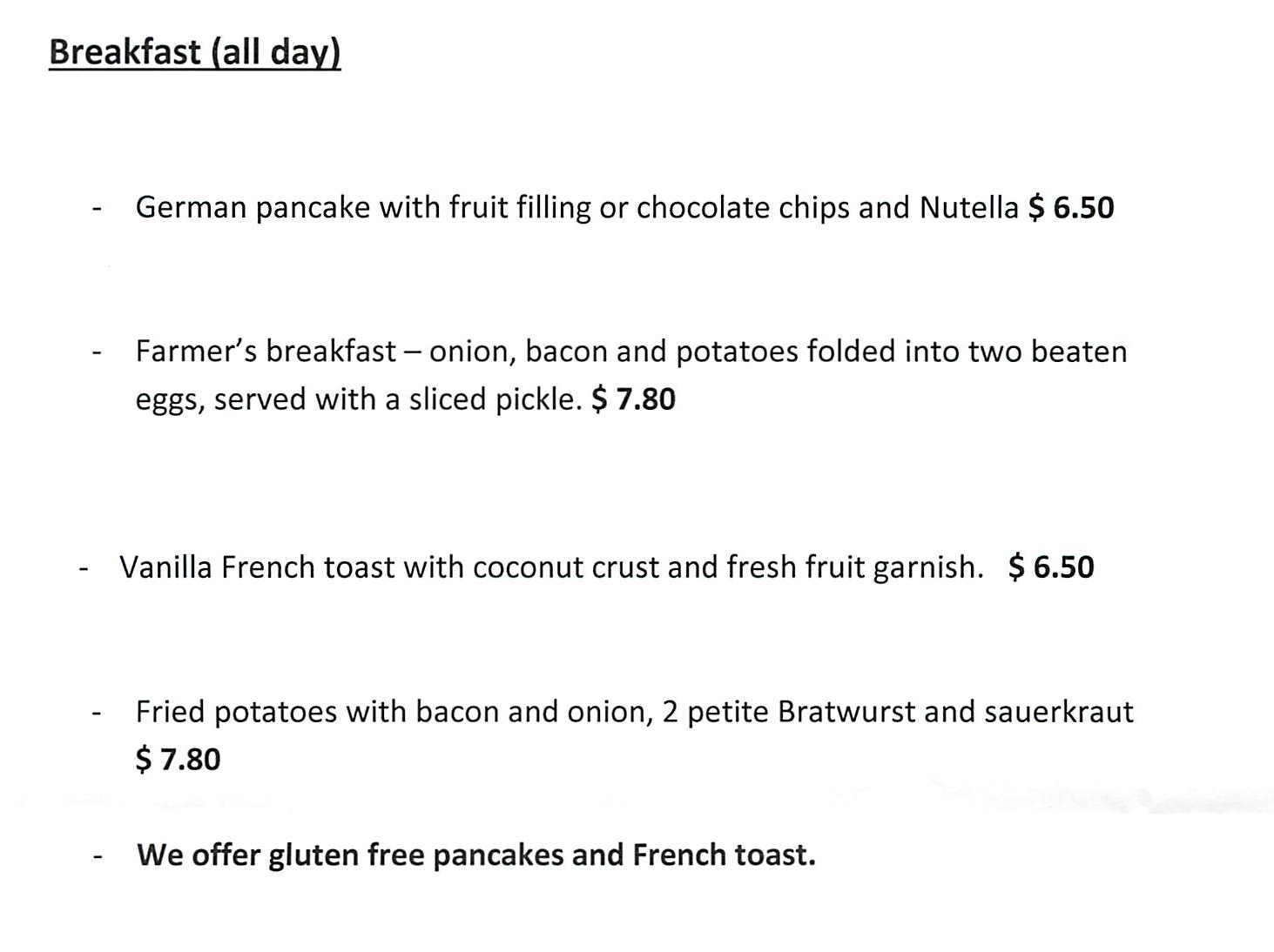 Gretchen's Delight All-Day Breakfast Menu 12.28.2015