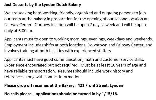 Just Desserts hiring info